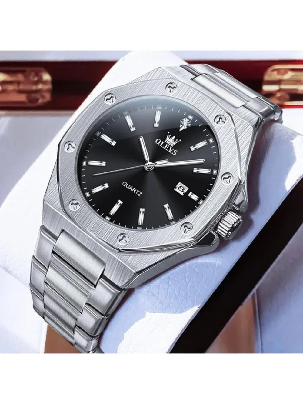 Men's Silver/Black Luxury Octagon Stainless Steel Waterproof Dress Wrist Watch